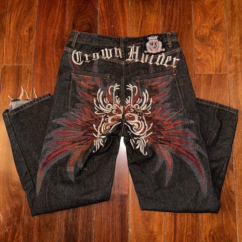 Y2K Affliction x Ed Hardy Crown Holder embroidered jeans